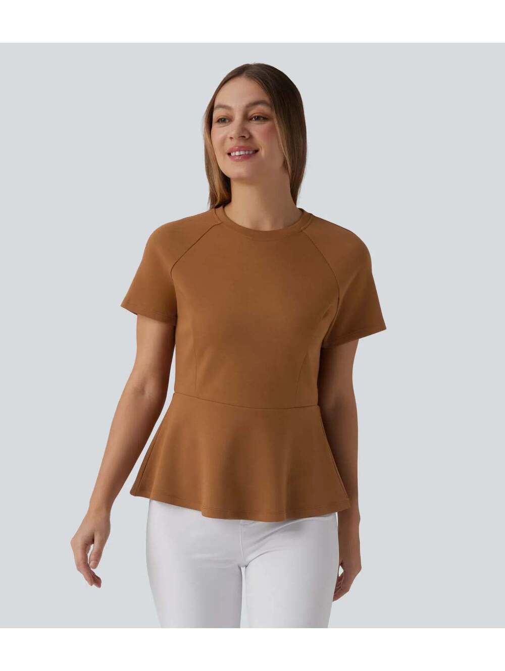 Halara Round Neck Short Sleeve Work Peplum Top Glazed Ginger Size XS - Picture 7 of 8